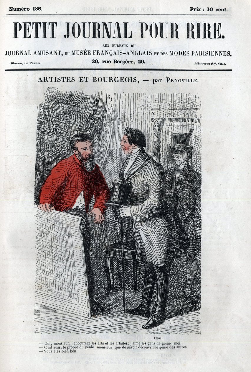 Politisk og sosial tegneserie under det andre imperiet. "" Kunstner og borgerlig"": samtale mellom amatør av borgerlig kunst (mecene). Gravering i "" Petity Journal pour rire"" av Anonymous Anonymous