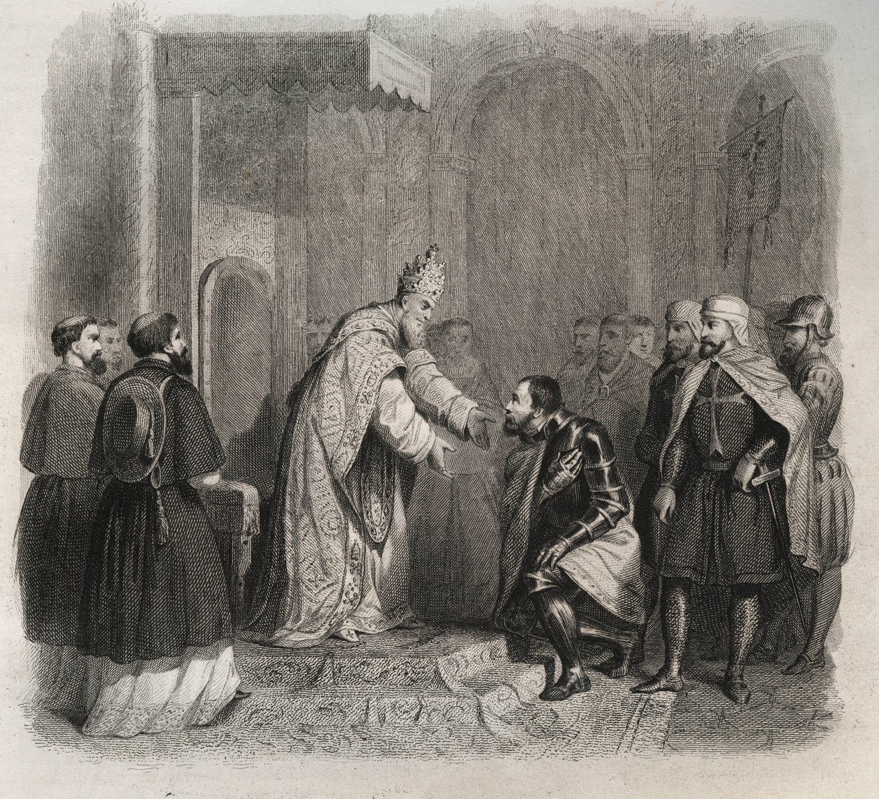 Pave St. Pius V (Pius eller Pio) (1566-1572) tar imot vinneren av slaget ved Lepante. Gravering fra 1846 i "" Lives of the saints"". Privat samling. av Anonymous Anonymous