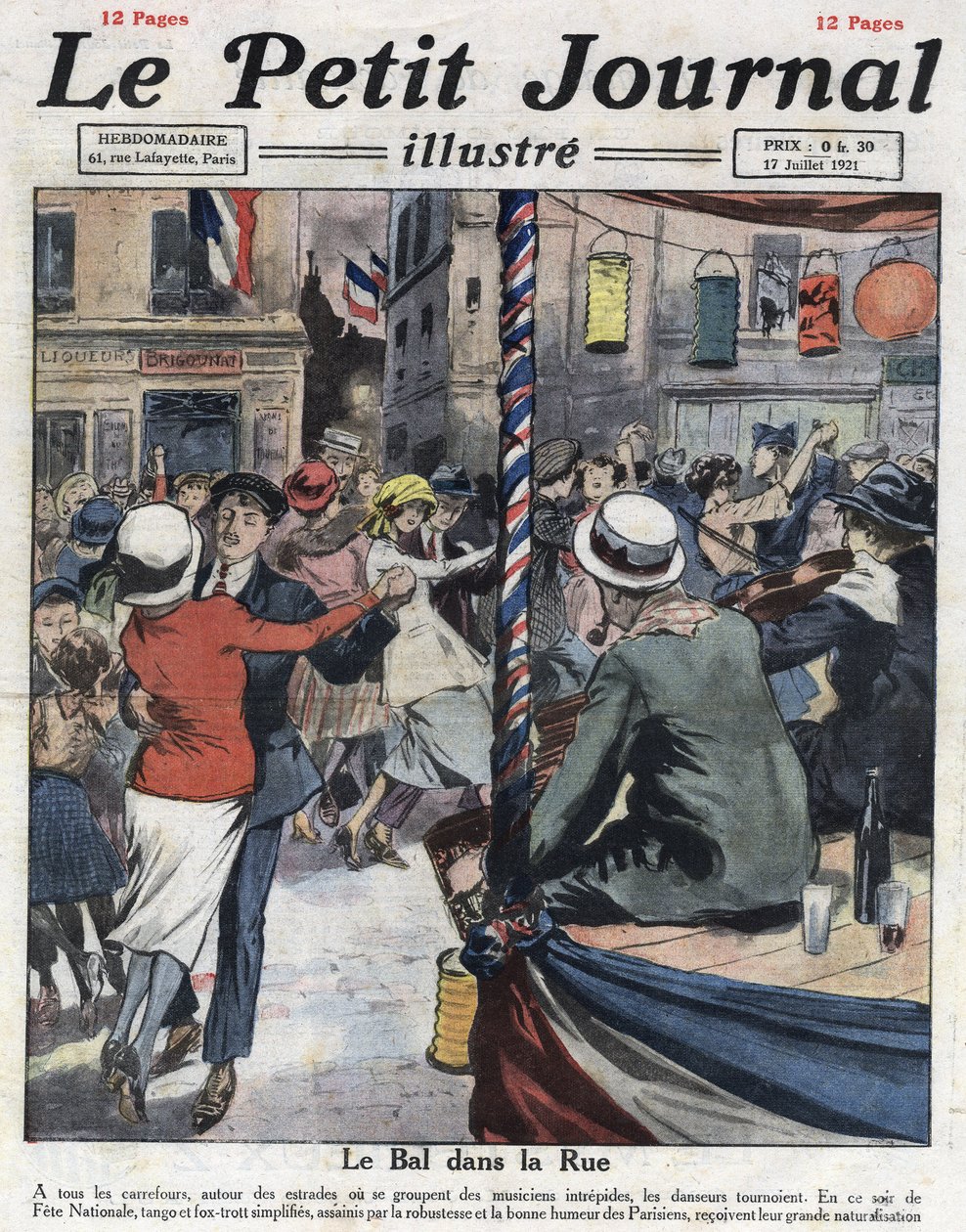 Populære baller i gatene i Paris i anledning den nasjonale festen 14. juli. Illustrasjon hentet fra "" Le petit journal illustrious"" av 17.07.1921. Privat samling av Anonymous Anonymous