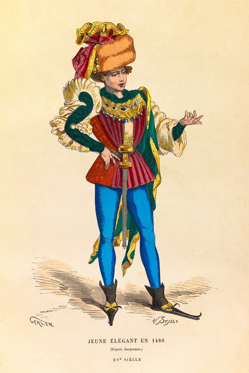 Portrett og kostyme av en ung elegant i Paris i 1480, gravering - privat samling av Anonymous Anonymous