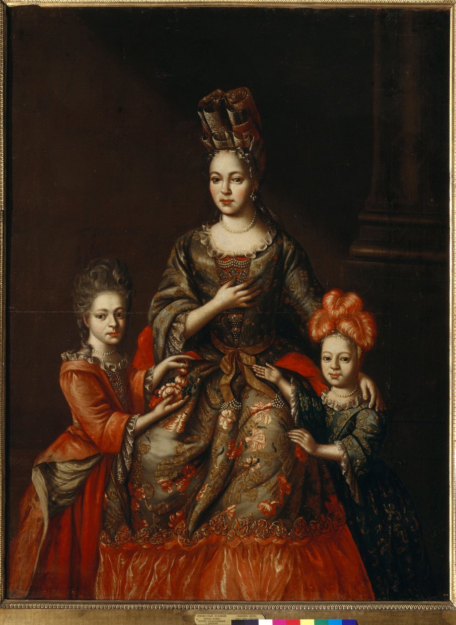 ""Portrett av Anastasia Naryshkina, hustru til guvernøren i St. Petersburg, og hennes døtre Alexandra og Tatyana"" Anonymt maleri, tidlig på 1700-tallet Dim 180x130,8 cm Tretyakov-galleriet, Moskva av Anonymous Anonymous