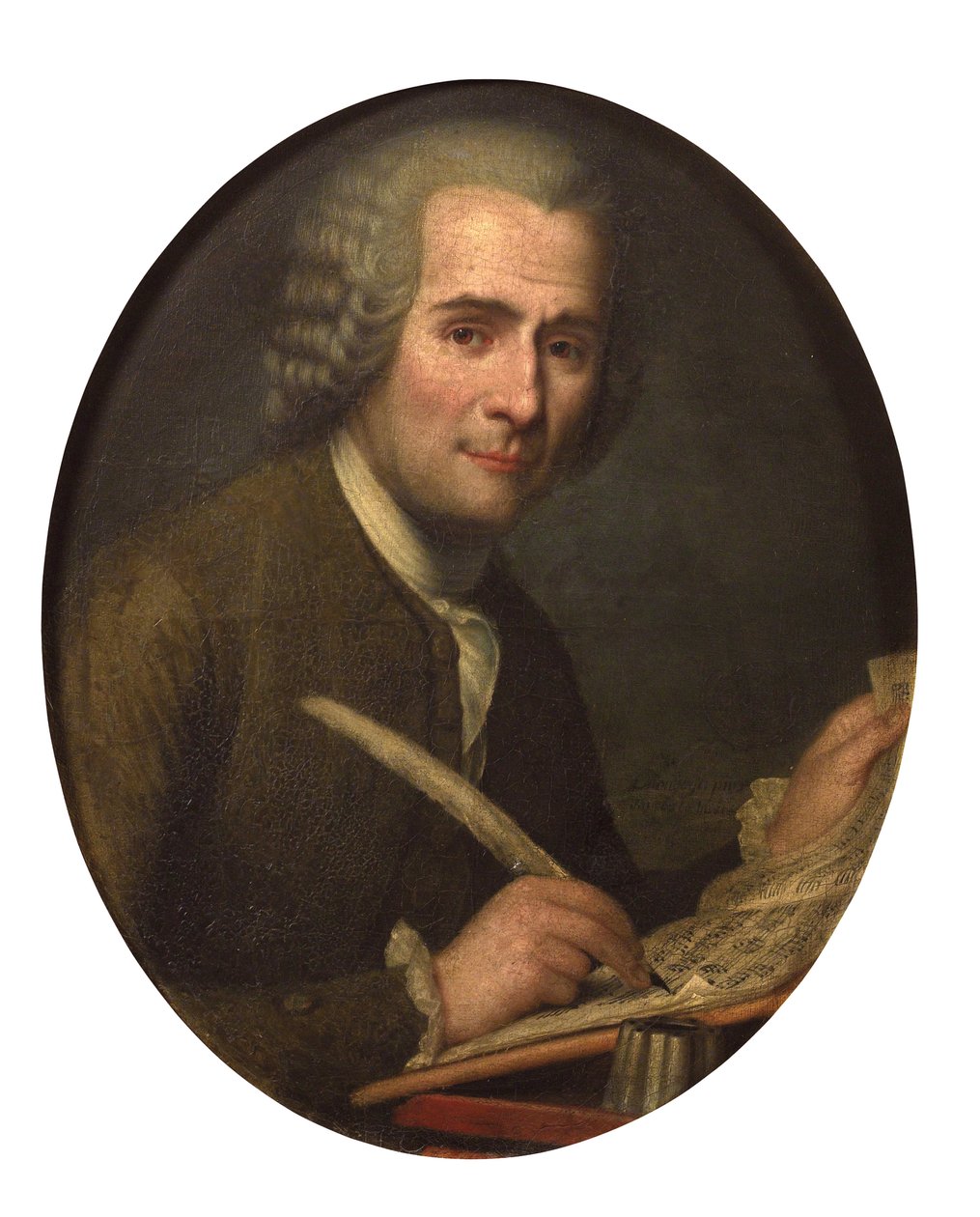""Portrett av Jean Jacques Rousseau som skriver et partitur"" (Jean-Jacques Rousseau (1712-1778) skriver et noteark) Anonymt maleri Olje på lerret Dim 65x54 cm Privat samling av Anonymous Anonymous