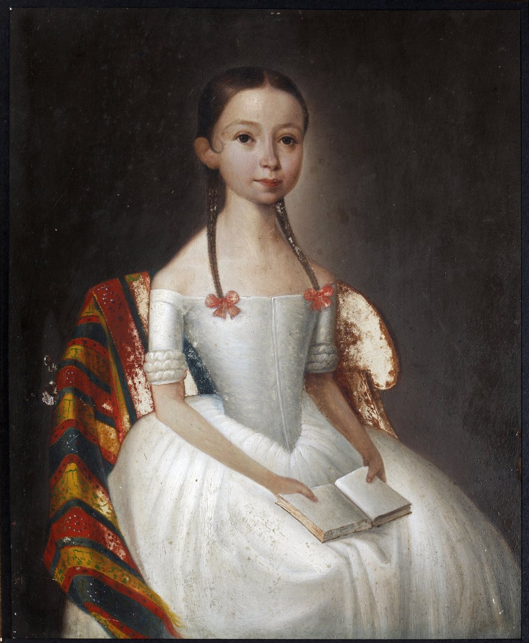 ""Portrett av en jente som holder en bok"" (Portrett av en jente med en bok) Anonymt maleri rundt 1830 Privat samling av Anonymous Anonymous