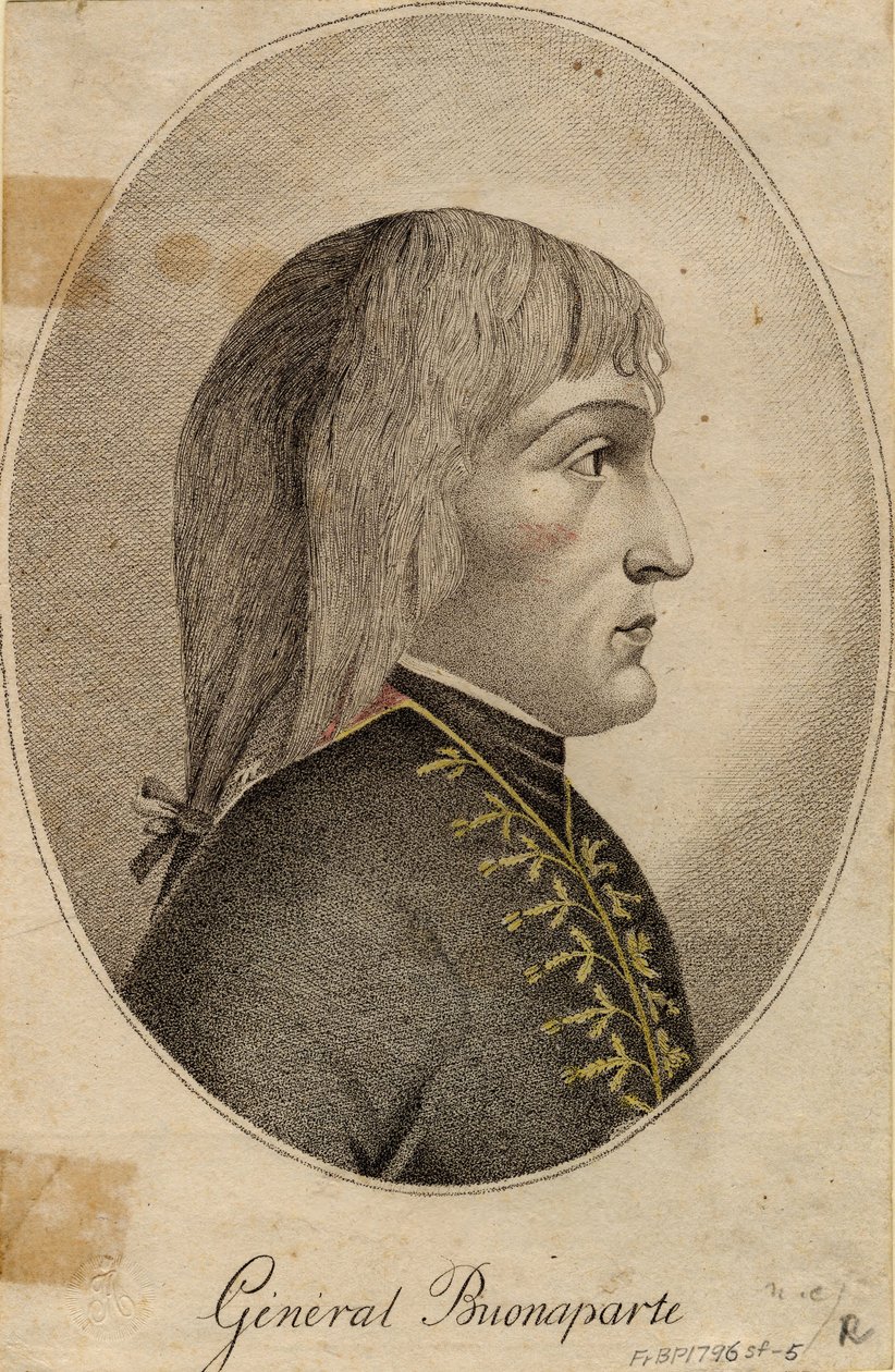 ""Portrett av general Napoleon Bonaparte (1769-1821)"" Anonym gravering 1796 Dim 19,2x12,5 cm Privat samling av Anonymous Anonymous