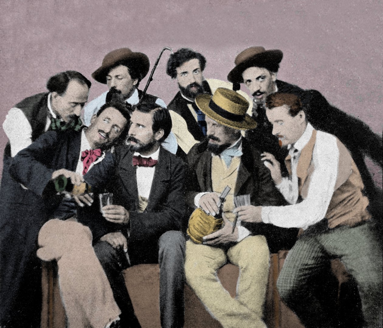 Portrettgruppe av kunstnere (Macchiaioli) i Firenze: blant dem øverst fra venstre til høyre Gaetano Bianchi, Cristiano Banti, Vito d