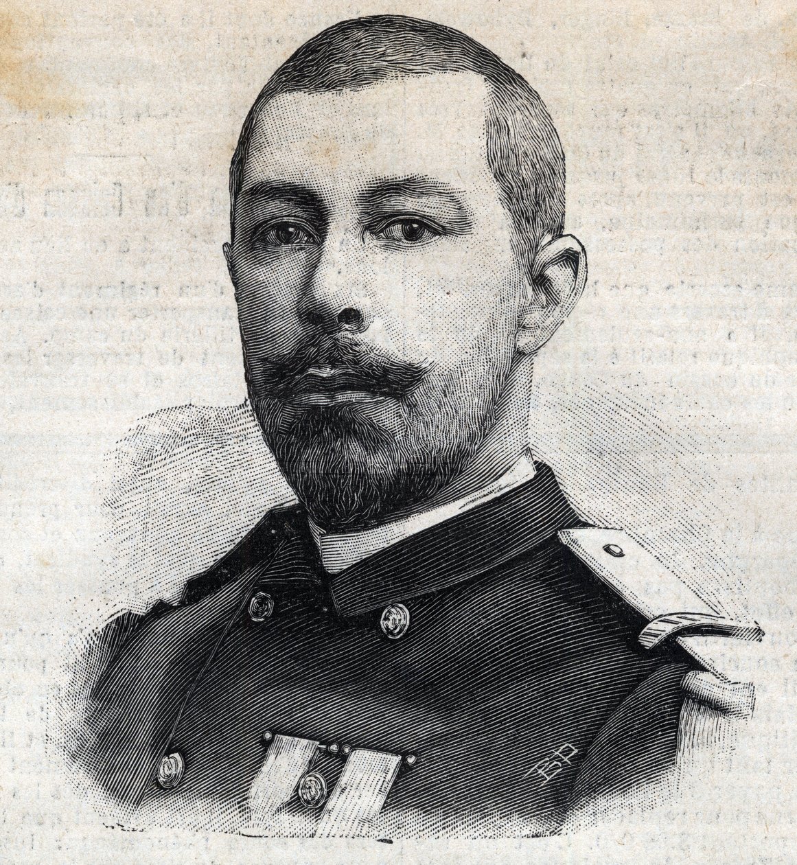 Portrett av Antoine Mizon (1853-1899) fransk oppdagelsesreisende i Afrika. Gravering i "" Le Peute Parisien"" av Anonymous Anonymous