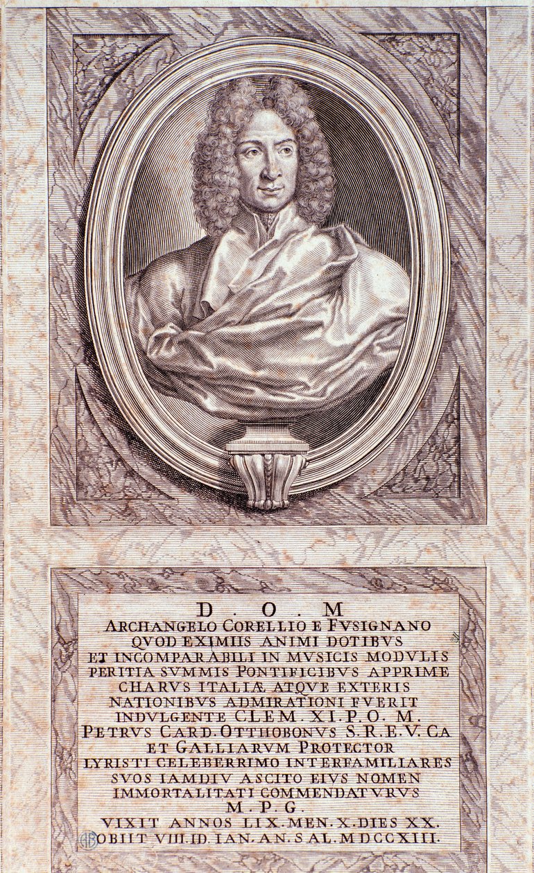 Portrett av Arcangelo Corelli (1653-1713), italiensk komponist og fiolinist, gravering. Milanesisk privatsamling fra 1700-tallet av Anonymous Anonymous