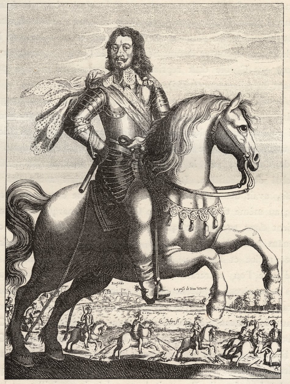 Portrett av Bernard av Sachsen Weimar (Sachsen-Weimar) (1604-1639) med representasjon av fangsten av John av Werth av hertug Bernard og hertug av Rohan. Gravering fra 1600-tallet. Privat samling. av Anonymous Anonymous