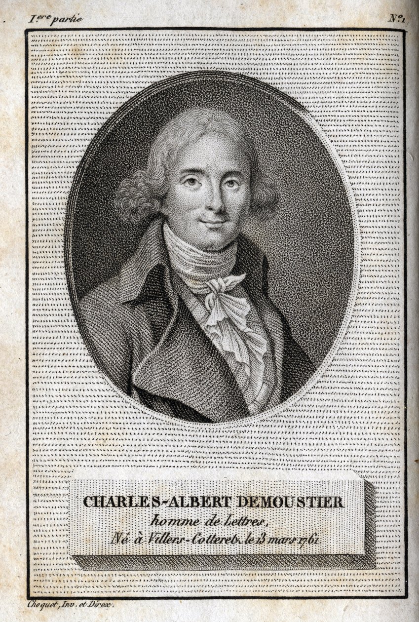 Portrait of Charles Albert Demoustier (1760-1801) French writer. Engraving from 1819 in “Lettres a Emilie sur la mythologie” by Charles Albert Demoustier (1760-1801). Private collection. av Anonymous Anonymous