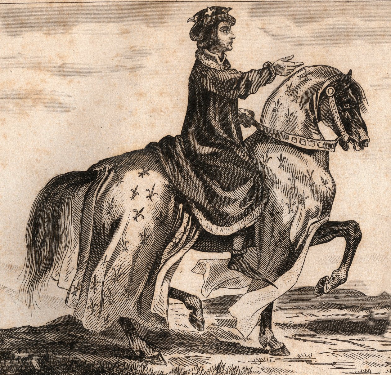 Portrett av Charles IV the Bel (1294-1328), konge av Frankrike. Gravering fra 1859 i “” Le Monde. Alle folkeslags historie fra de fjerneste tider til i dag». av M. E. de Lostalot-Bachoue (Lostalot Bachoue). Privat samling. av Anonymous Anonymous