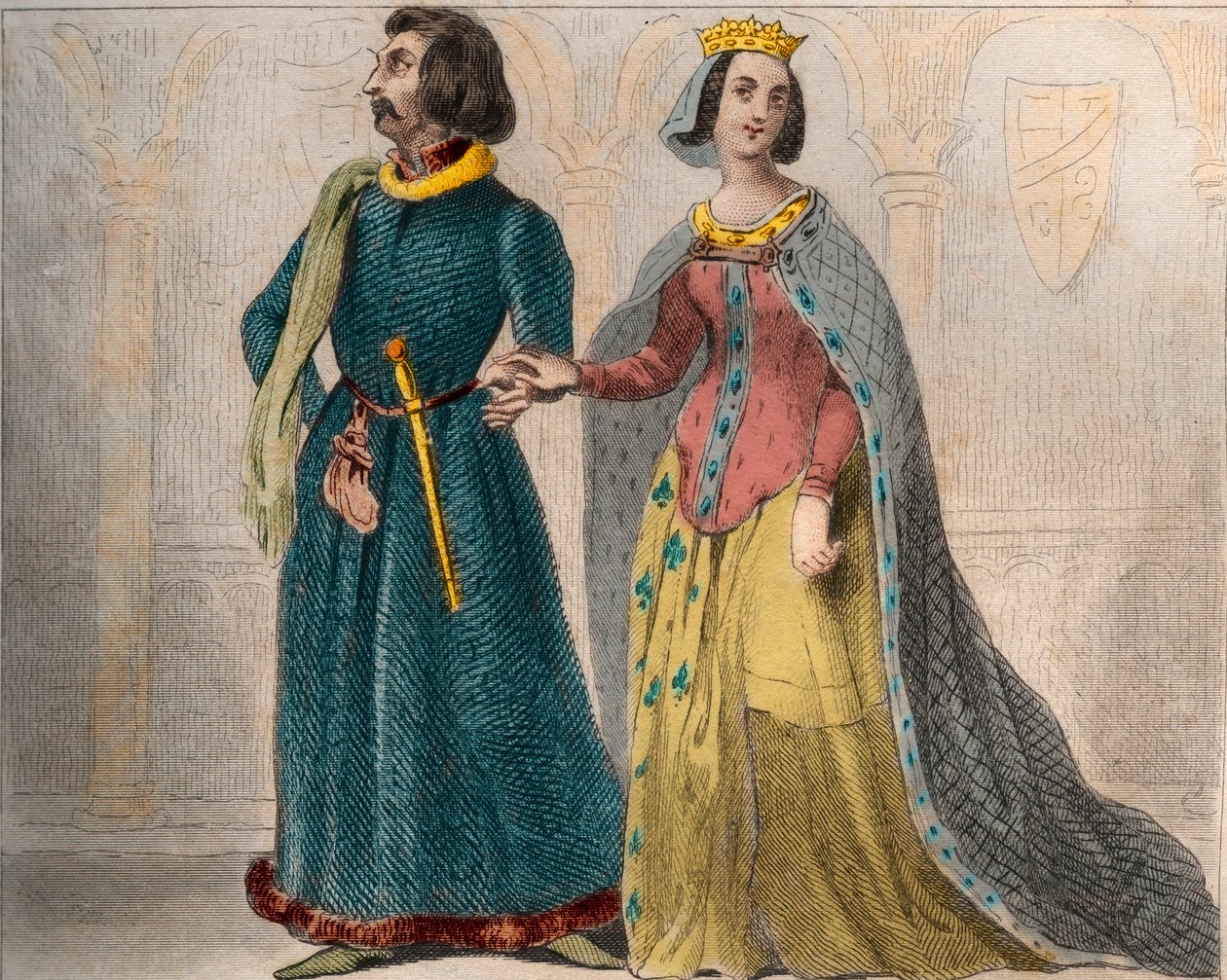 Portrett av Charlotte de Savoie (1441-1483) Dronning av Frankrike, med Louis XI av Frankrike, kjent som den forstandige (1423-1483). Gravering fra 1859 i “” Le Monde. Alle folkeslags historie fra de fjerneste tider til i dag». av M. E. de Lostalot-Bachoue. av Anonymous Anonymous