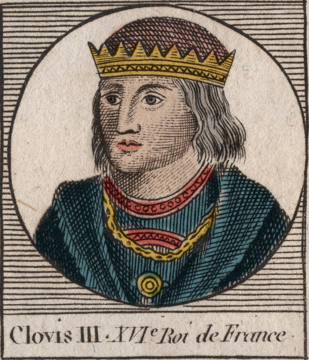 Portrett av Clovis III, kongen av frankene fra 691 til 695 - CLOVIS III Merovingerkonge av Neustria og Austrasia - gravering fra "Instruction sur l