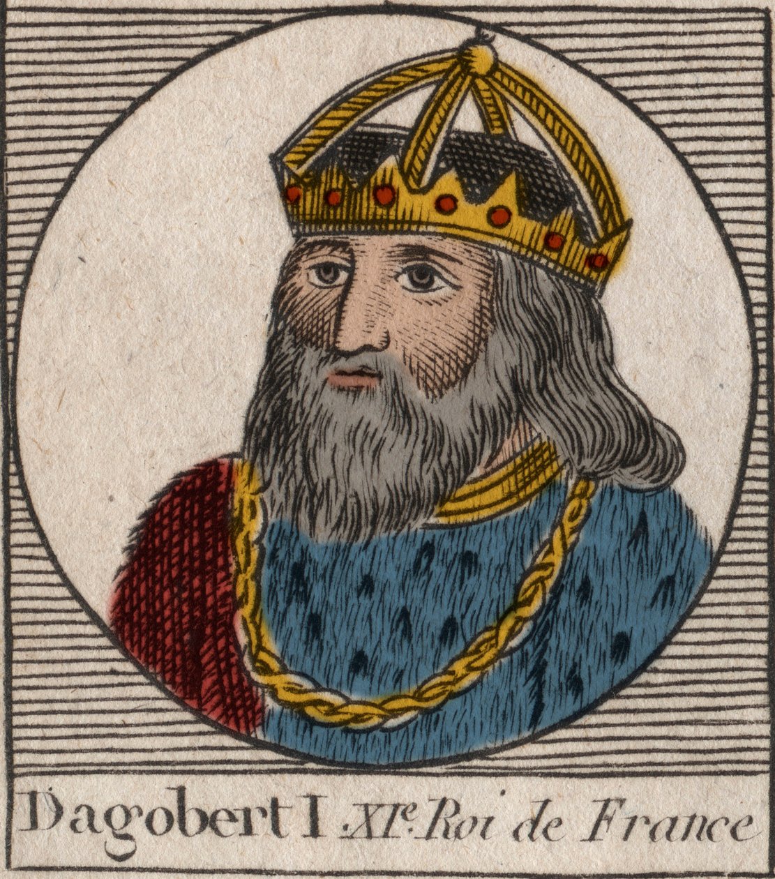 Portrett av Dagobert, kongen av frankene fra 628 til 638 - Dagobert (605-39) Frankenes konge - gravering fra "Instruction sur l'Histoire de France"" av Charles Constant Le Tellier 1821 av Anonymous Anonymous