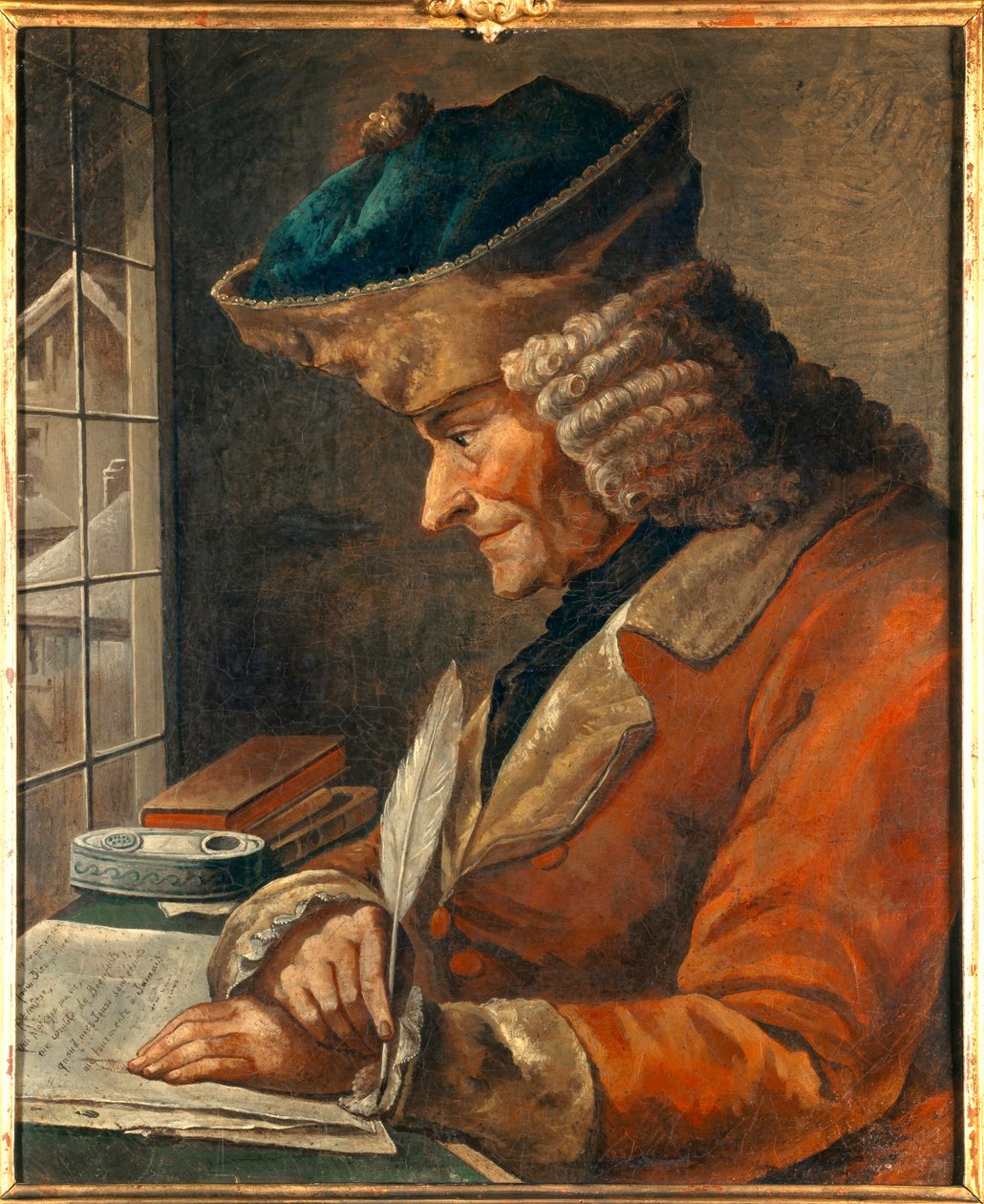 Portrett av Francois Marie Arouet Voltaire (1694-1778) i hans arbeidsskap Maleri fra 1700-tallet. Dim. 0,43 x 0,35 m Paris, musee Carnavalet - Portrett av Francois Marie Arouet Voltaire (1694-1778) i hans arbeidsrom. 18. senters maleri. 0,43 x 0,35 m av Anonymous Anonymous
