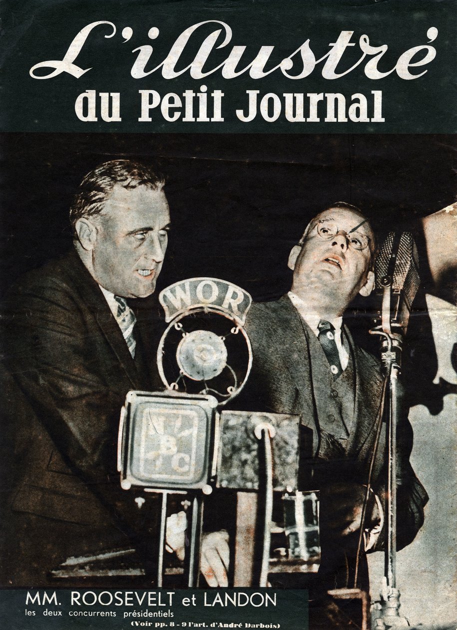 Portrett av Franklin Delano Roosevelt (1882-1945) og Alfred Mossman "" Alf"" Landon (1887-1987), de to konkurrentene i presidentvalget i USA. I "" L