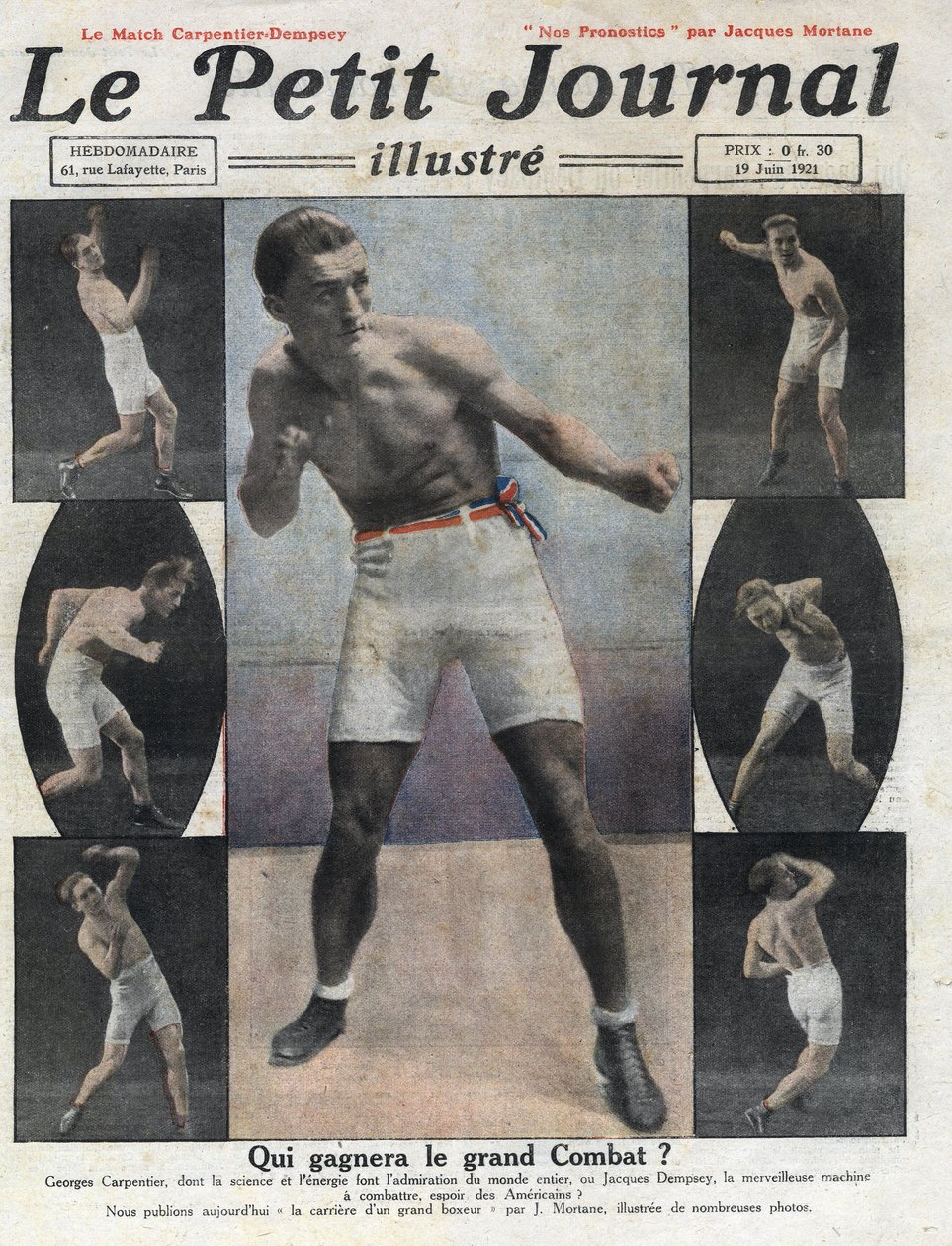 Portrett av den franske bokseren Georges Carpentier som skal kjempe mot den amerikanske bokseren Jack Dempsey om tittelen verdensmester. Illustrasjon hentet fra "" Le petit journal illustrious""" av 19.06.1921. Privat samling av Anonymous Anonymous