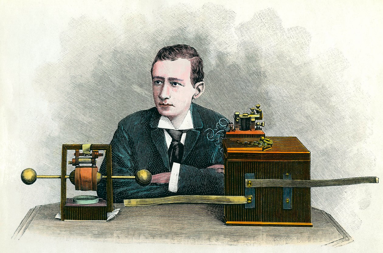 Portrett av Guglielmo Marconi (1874-1937), italiensk fysiker, oppfinner av telegrafen. Gravering rundt 1900 Privat samling av Anonymous Anonymous