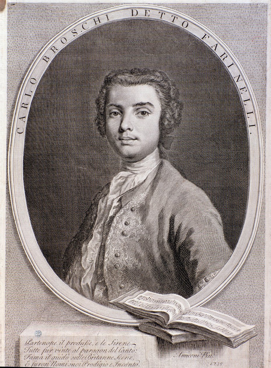 Portrett av den italienske kastraten Carlo Broschi kalt Farinelli (gravering. 1735) av Anonymous Anonymous