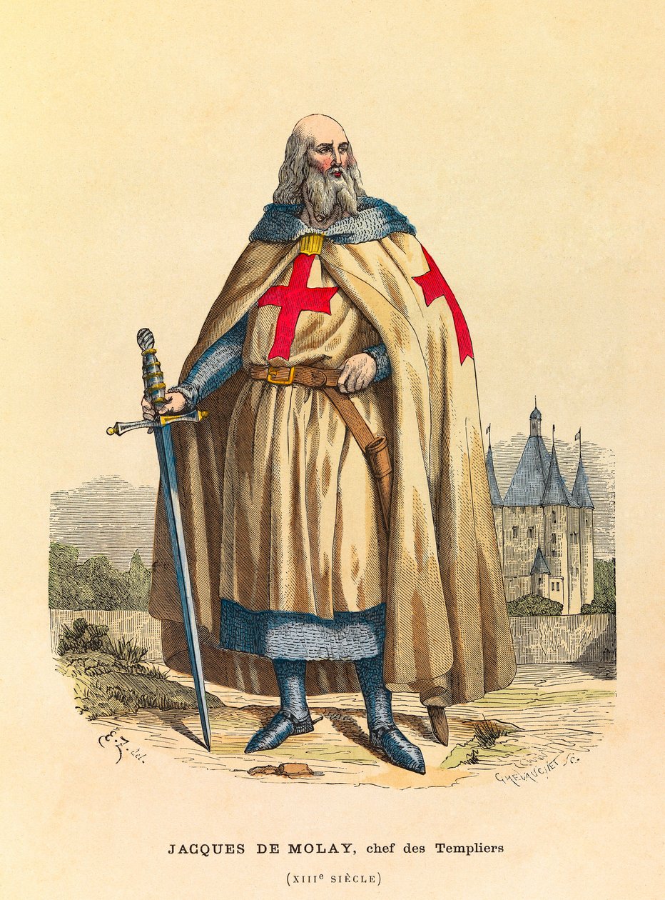 Portrett av Jacques de Molay (1244 - 1314), Tempelherrenes stormester på 1200-tallet, gravering - privat samling av Anonymous Anonymous