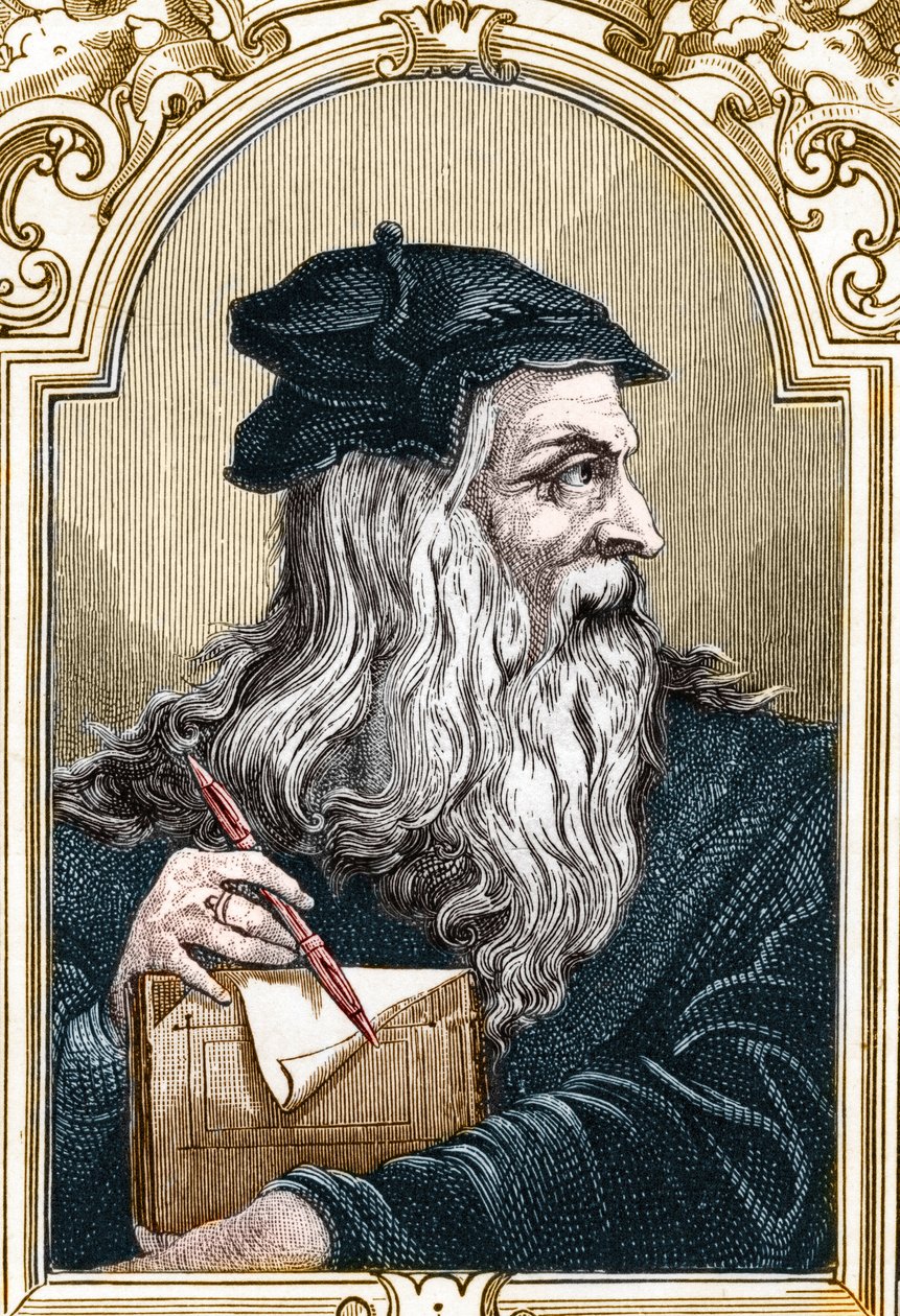 Portrett av Leonard de Vinci (Leonardo da Vinci) (1452-1519). gravering av 1859 i "" galleriene i Europa - Italia"" av Armandaud (gravering) av Anonymous Anonymous