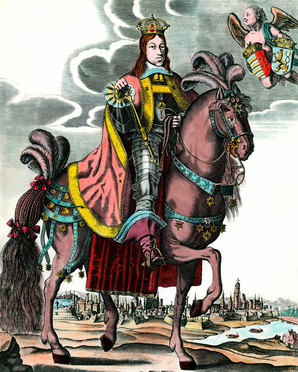 Portrett av Leopold I, den hellige romerske keiser - Rytterportrett av Leopold I (1640 - 1705) Konge av Ungarn, Böhmen, Dalmatia, Kroatia og germansk keiser. Gravering fra 1600-tallet. Privat samling. av Anonymous Anonymous