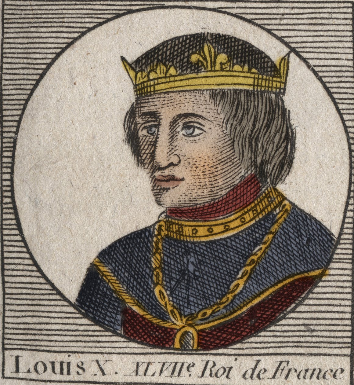 Portrett av Louis X le Hutin (1289 - 1316), konge av Frankrike - Louis X (1289-1316) den sta, konge av Frankrike og Navarra - gravering fra "" Instruction sur l