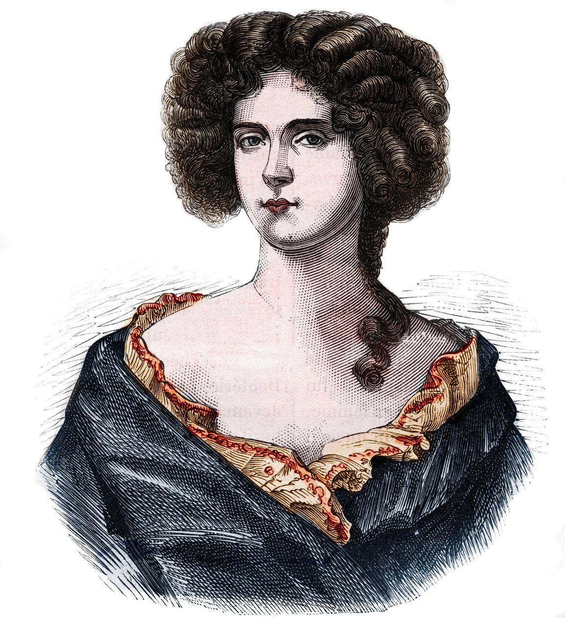 Portrett av Louise de Keroualle (1649-1734), hertuginne av Portsmouth og elskerinne til Charles II (1630-1685). Gravering i "Historien om prostitusjon og utskeielser i verdens folk fra antikken til i dag"" av Dr. Th. -F. Debray. 1879. av Anonymous Anonymous