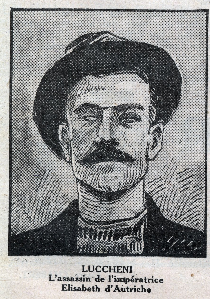 Portrett av Luigi Lucheni (1873-1910), italiensk anarkist, leiemorder i 1898 av Elisabeth de Wittelsbach, en keiserinne av Østerrike kjent som Sissi. Gravering i "" L'illustrious du petit journal"" av Anonymous Anonymous