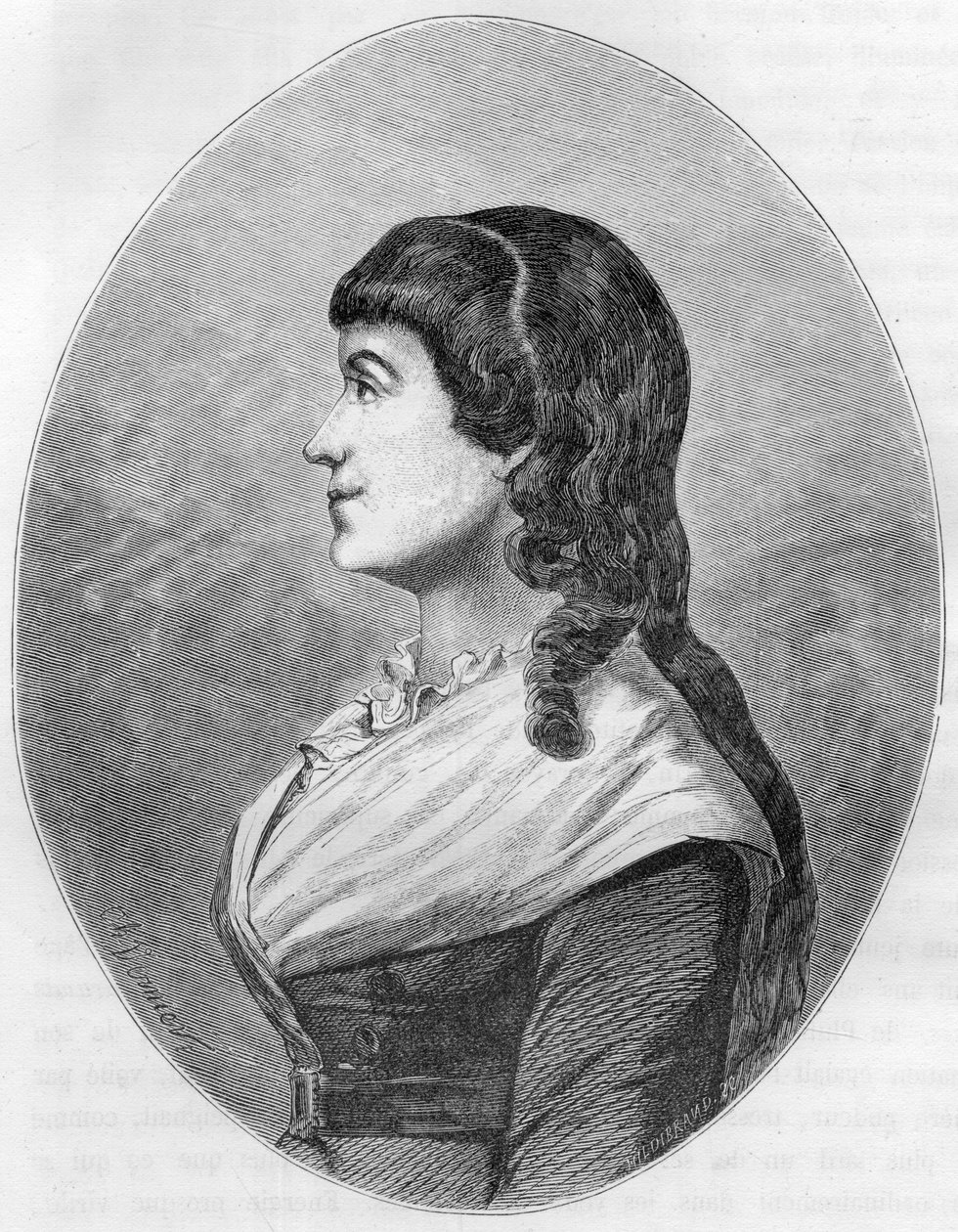 Portrett av Manon Roland, dit "" Madame Roland"" (1754-1793), født Jeanne-Marie (Jeanne Marie) Philippon, kone til Roland de La Platiere - Gravering av 1863 i "Le Livre Rouge - Histoire De L