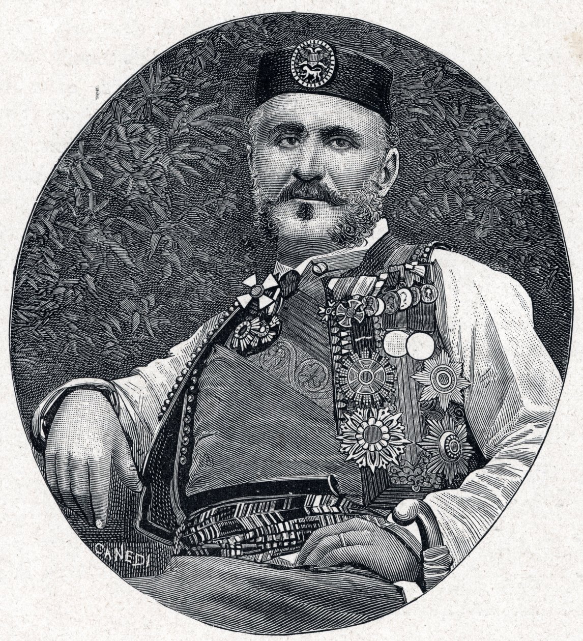 Portrett av Nicholas I av Montenegro (Nikola I Petrovic-Njegos) (Petrovic Njegos) (1841-1921), prinsen av Montenegro og Berda. Gravering i «Les Missions Catholiques au XIXeme Siecle»» av Louis-Eugene (Louis Eugene) Louvet. privat samling. av Anonymous Anonymous