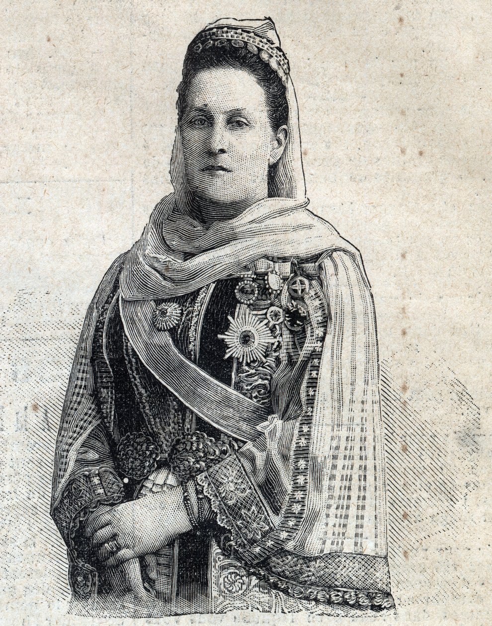 Portrett av Olga Constantinovna av Russland (1851-1926) dronning av Hellas. Gravering i "" Le Peute Parisien"" av Anonymous Anonymous