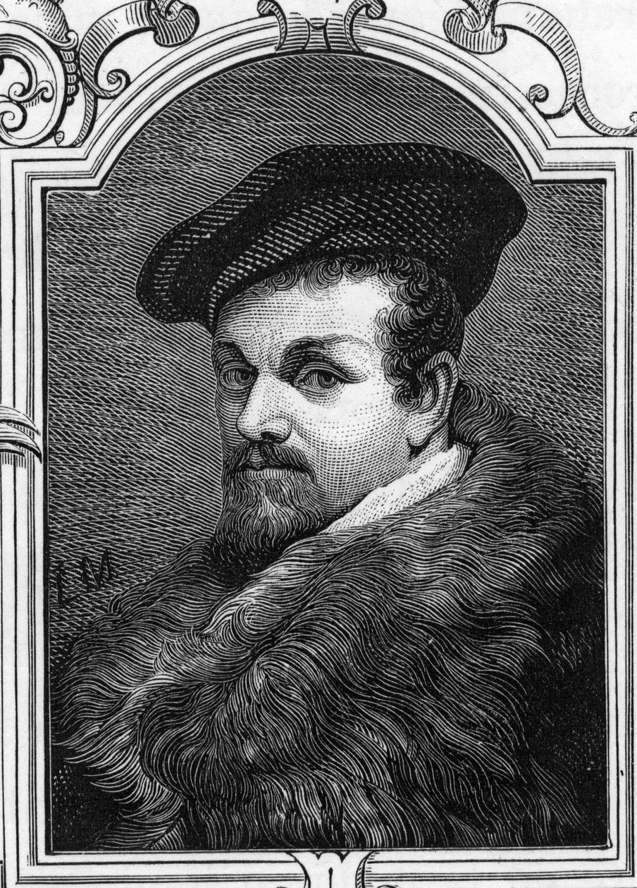 Portrett av Pier Francesco Mazzucchelli dit il Morazzone (1573-1626) italiensk maler. 1859 gravering i "" galleriene i Europa - Italia"" av Armandaud. Privat samling. av Anonymous Anonymous
