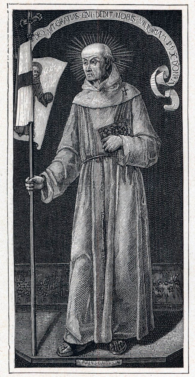 Portrett av Saint John of Capistran (Giovanni da Capestrano) (1386-1456), italiensk fransiskaner. Fra 1400-tallets maleri av Bartolomeo Vivarini. Gravering i "The Catholic Missions in the XIXth Century" av Louis-Eugene (Louis Eugene) Louvet. privat selskap av Anonymous Anonymous