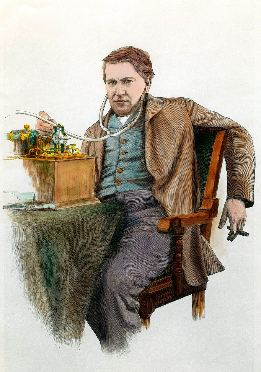 Portrett av Thomas Edison (1847-1931), amerikansk fysiker. Gravering omkring 1900. Privat samling av Anonymous Anonymous