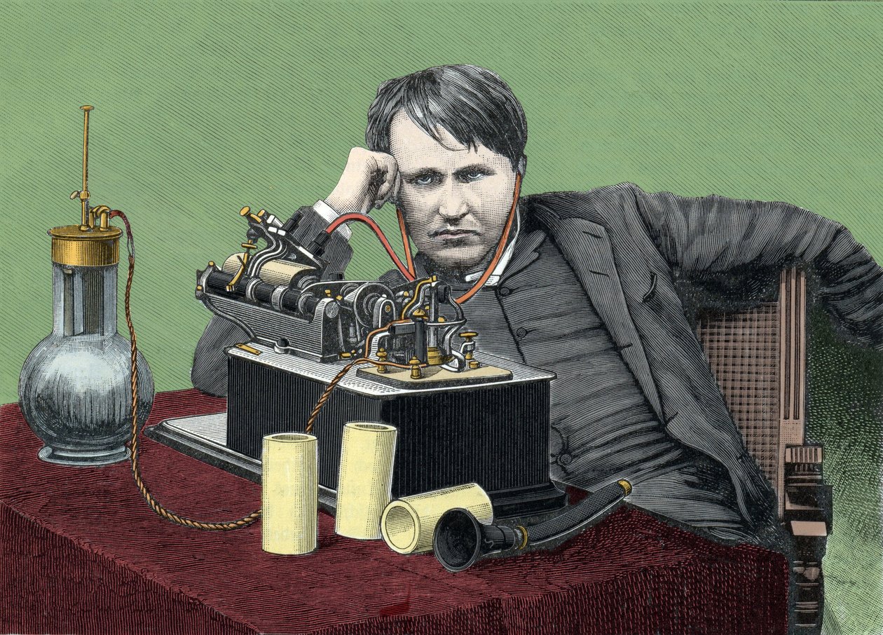 Portrett av Thomas Edison (1847-1931), amerikansk fysiker, med sin fonograf. Gravering rundt 1900. av Anonymous Anonymous