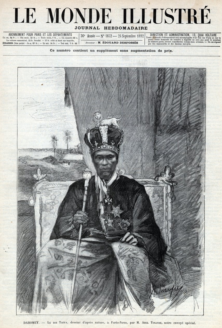 Portrett av Tofa I (Toffa) (ca. 1850-1908), konge av Dahomey (Benin) til Porto Novo (Porto-Novo). En avis. Gravering i “Le monde illustree”” fra 1892. Privat samling. av Anonymous Anonymous