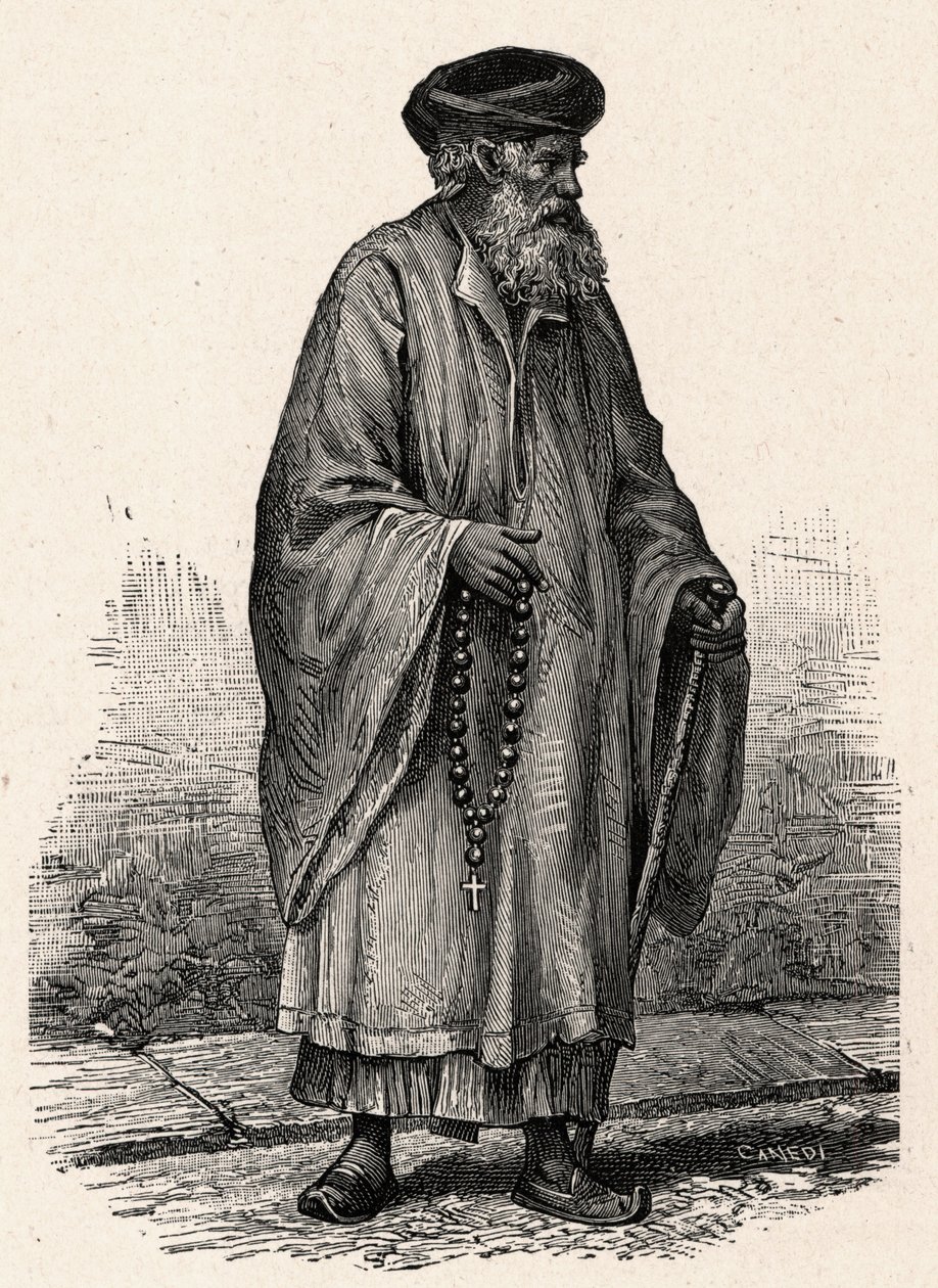 Portrett av en katolsk koptiker fra Zifte i Egypt. Gravering i "The Catholic Missions in the XIXth Century" av Louis-Eugene (Louis Eugene) Louvet. privat samling. av Anonymous Anonymous