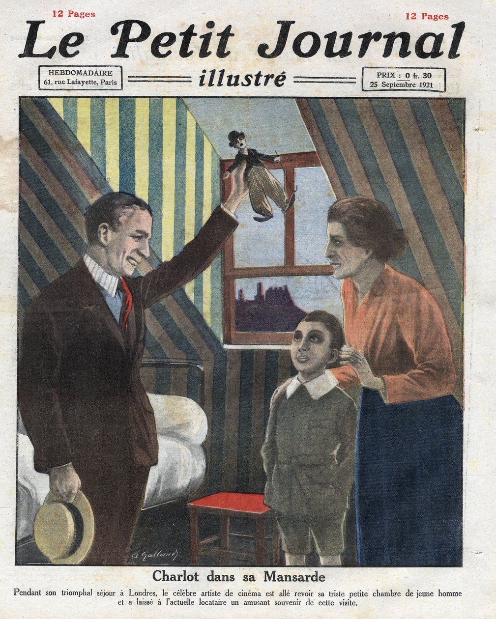 Portrett av skuespilleren Charlie Chaplin som reiser til London, besøker sitt tidligere rom, og tilbyr barnet til familien en liten dukke av Charlot. Illustrasjon hentet fra "" Le petit journal illustrious""" av 23.09.1921. Privat samling av Anonymous Anonymous