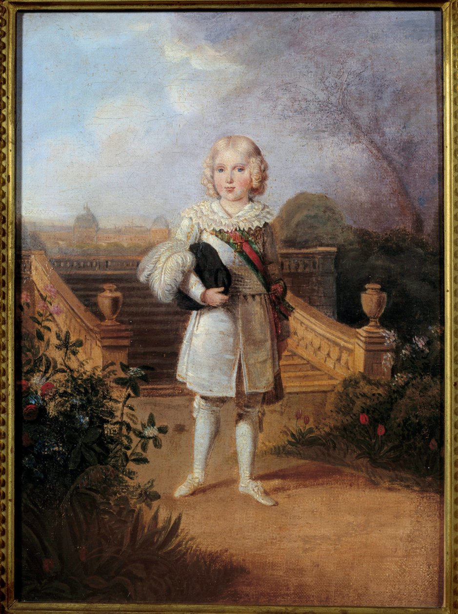 Portrett av prinsen av Parma (1811-1832) i hagen til Tuileriene Kongen av Roma Napoleon II, hertugen av Reichstadt, sønn av keiser Napoleon I (1769-1821). Anonymt maleri. Privat samling fra 1800-tallet av Anonymous Anonymous