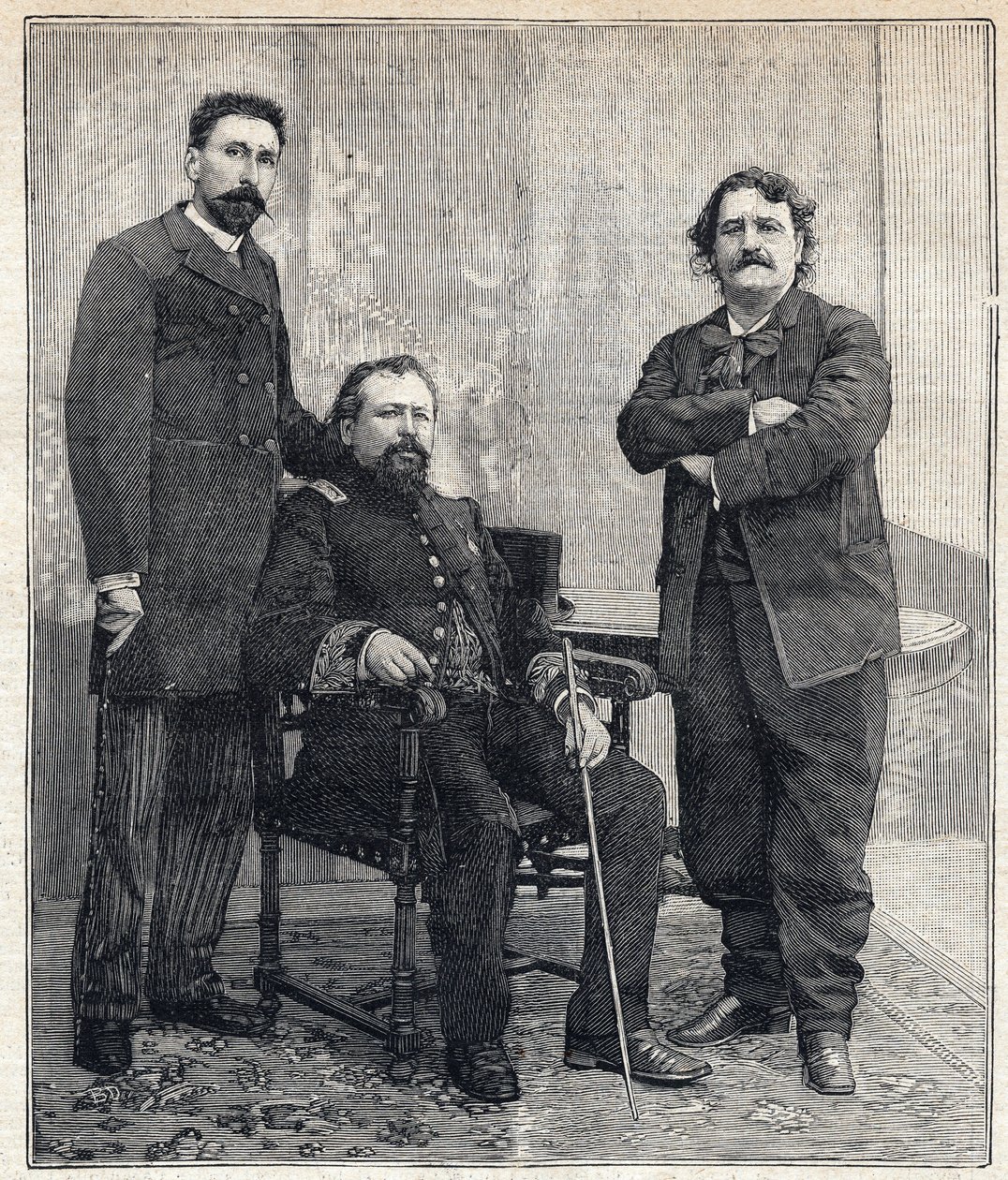 Portrett av de tre «Academicides»: Marius Tournade, Achille Le Roy og Maxime Lisboa (1839-1905) som ønsket å latterliggjøre det franske akademiet. Gravering i "" Le Petit Parisien"" 4/06/1893. av Anonymous Anonymous