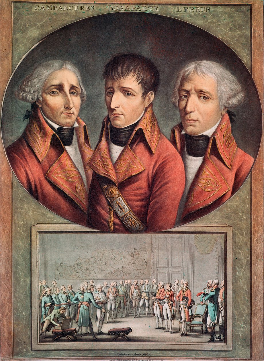 Portrett av de tre konsulene Cambaceres, Napoleon Bonaparte og Charles-Francois Lebrun (gravering av Anonymous Anonymous