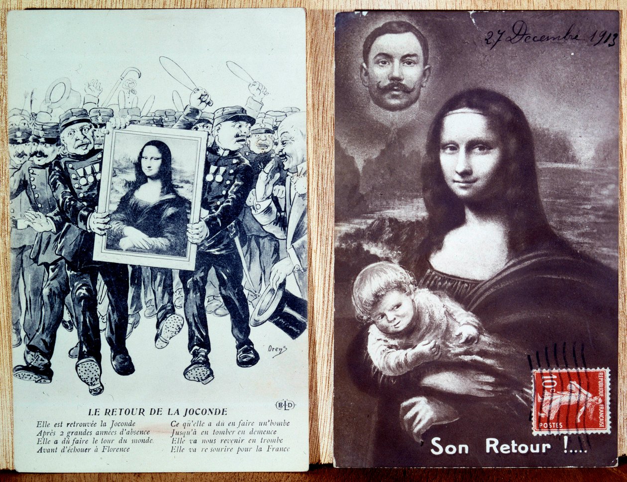 Postkort som feirer returen av Leonard de Vincis "Mona Lisa, Monna Lisa" (1452-1519) etter flyvningen i 1911 av Vincenzo Peruggia (1881-1925). 27.12.1913 av Anonymous Anonymous