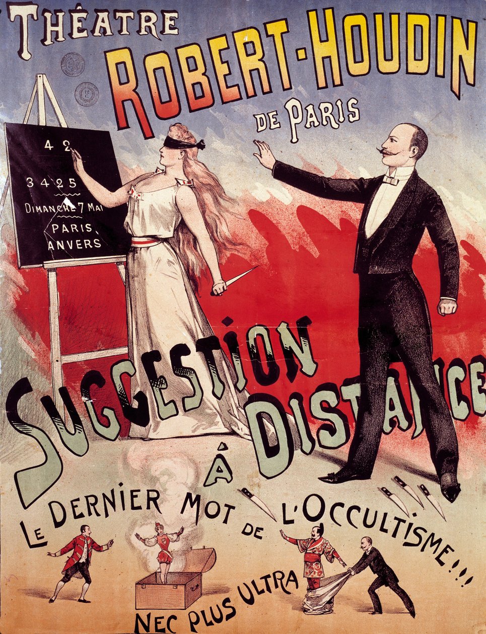 Plakat som presenterer showet "Suggestion a distance"" på Theatre Robert Houdin i Paris, grunnlagt av Jean-Eugene Robert Houdin (1805-1871) av Anonymous Anonymous