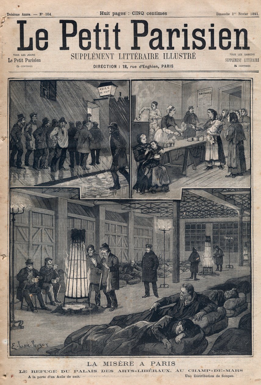 Fattigdom i Paris: tilfluktsstedet til Palais des arts-liberaux (liberal arts) i feltet av mars - ved døren til et asyl - en utdeling av supper. Gravering i “” Le petit Parisien”” fra 1891. Privat samling. av Anonymous Anonymous