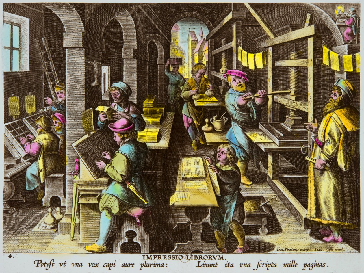 Trykkere og typografisk trykk med armpresse rundt 1600 av Jan Van Der Straet (Giovanni Stradano eller Johannes Stradanus) (1523-1605), Privee Collection av Anonymous Anonymous
