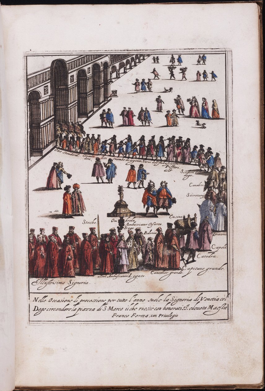 Procession du doge et de son entourage sur la place Saint Marc, Venezia - Prosesjon av Doge og hans følge på Piazza San Marco i Venezia, Anonym . Kobberstikk, akvarell av Anonymous Anonymous