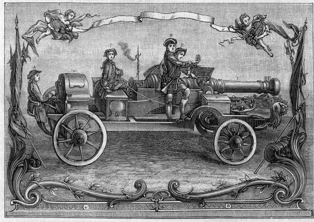 Project of the monster cannon around the middle of the 18th century. Reduction to a quarter of a Dutch engraving by I. W. B. del Gabriel Bodenher “” Sculps. et excud.”” Augustus Vind. (From a piece from the collection of Gaston Tissandier). Engraving in “” av Anonymous Anonymous