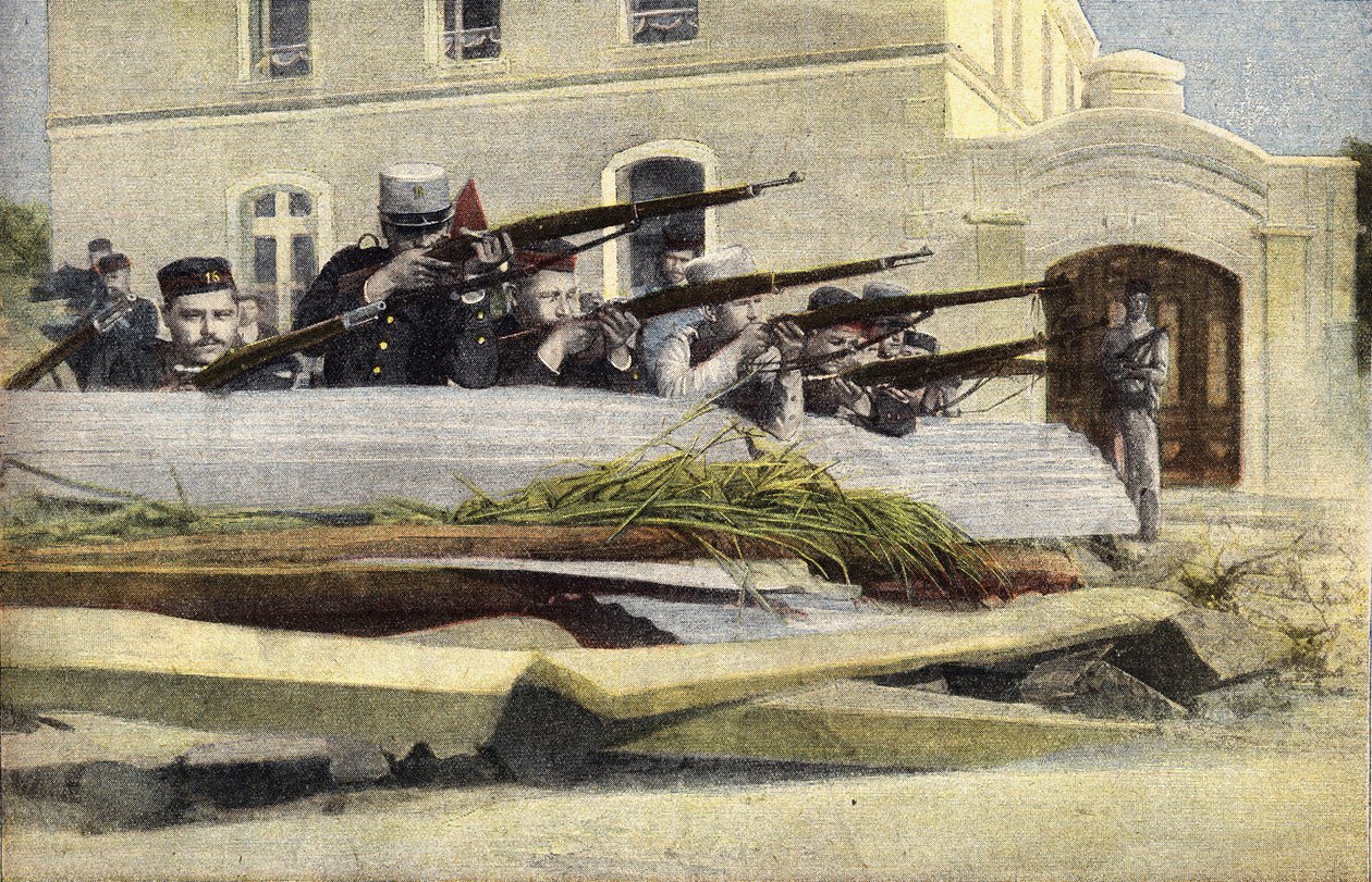 Portugisisk revolusjon: barrikade på en gate i Lisboa. Gravering. En av avisen "" Le petit parisien"" den 23.10.1910. Privat samling. av Anonymous Anonymous