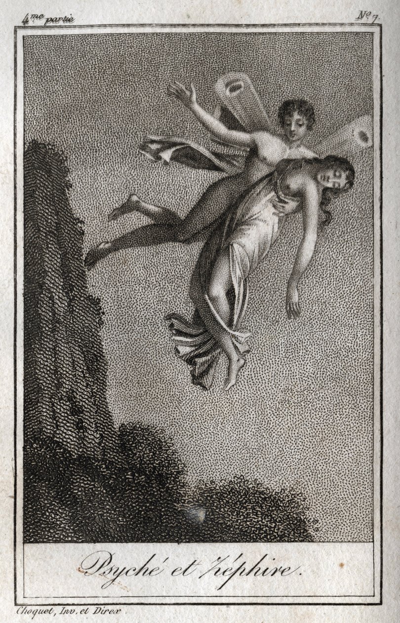 Psyche båret bort av Zephyr. Gravering fra 1819 i «Lettres a Emilie sur la mythologie» av Charles Albert Demoustier (1760-1801). Privat samling. av Anonymous Anonymous