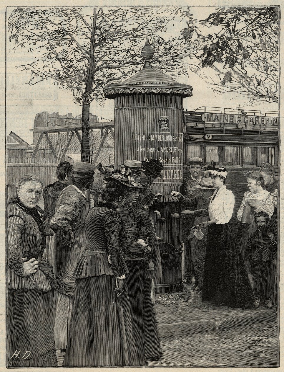 Offentlig hygiene: innbyggere i Paris bruker en av filtrevannfontenene installert i det 15. arrondissement. Disse fontenene har et Chamberland Pasteur-systemfilter. Gravering i “Le monde illustree”” fra 1892. Privat samling. av Anonymous Anonymous